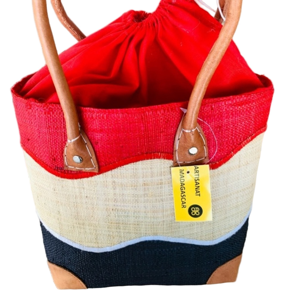 Madagascar Africa Woven Colorblock Draw String Tote Bag Genuine Leather Handles